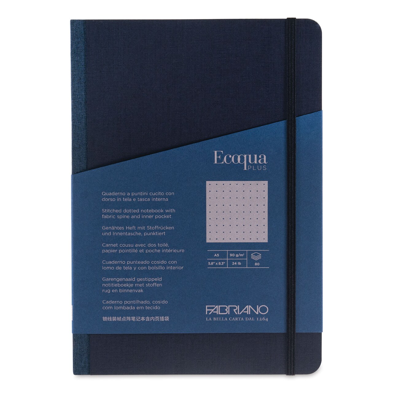 Fabriano Ecoqua Plus Fabric-Bound Notebook - Navy, 5-4/5" x 8-1/4", Dot Grid